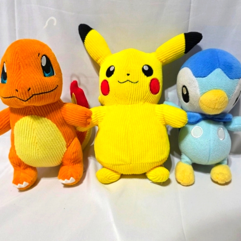 Pokemon Pikachu Yellow, Charmander Orange, and Piplup Blue Plush Set